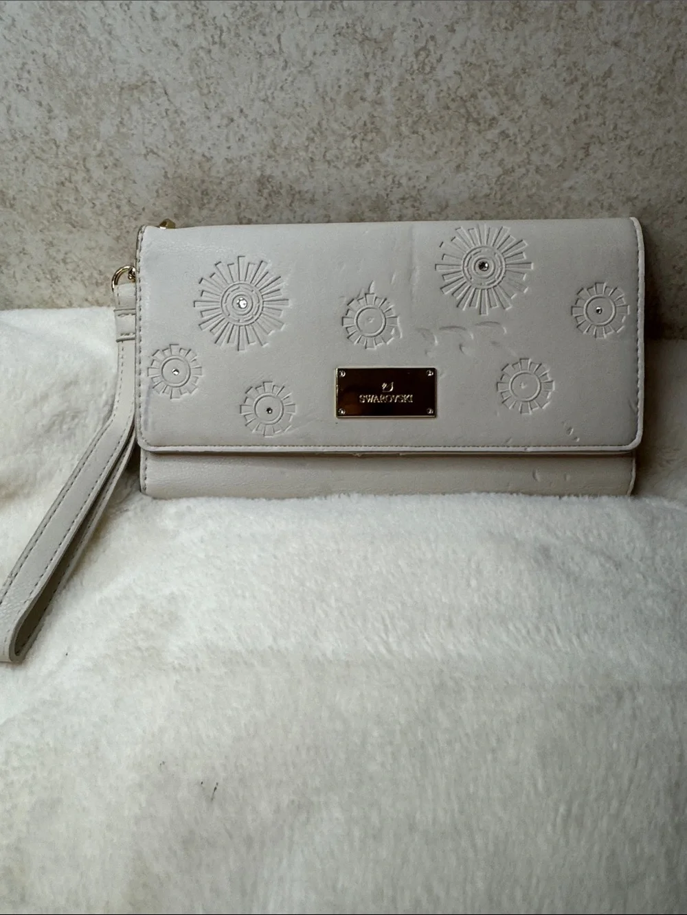 Swarovski Ivory Embossed Floral Wristlet Clutch
